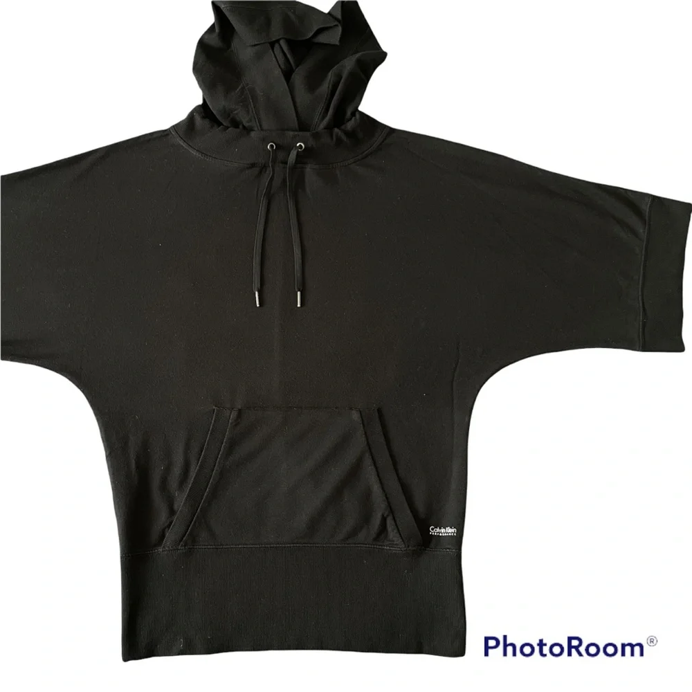 #12 Calvin Klein Performance Edgy Black Hoodie Front Pocket Relaxed Fit Top - Picture 3 of 8